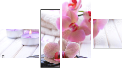 Still life with beautiful blooming orchid flower, towel and spa - Four-piece canvas print, Fortyk