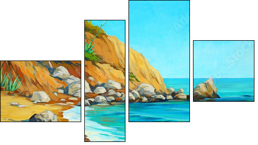 landscape of mediterranean sea with a beach and  bay, painting b - Four-piece canvas print, Fortyk