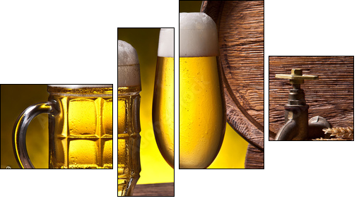 Beer glasses, old oak barrel and wheat ears. - Four-piece canvas print, Fortyk