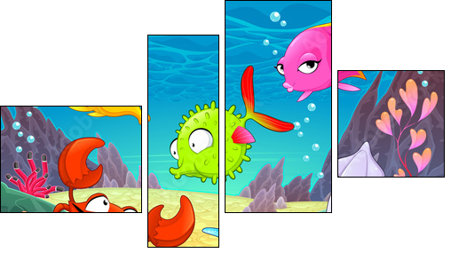 Funny happy animals under the sea. - Four-piece canvas print, Fortyk