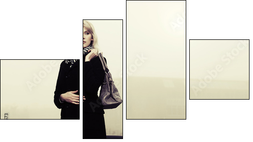 Young fashion woman with handbag on the foggy city street - Four-piece canvas print, Fortyk