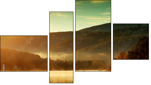 Beautiful autumn landscape, the lake in the morning fog - Four-piece canvas print, Fortyk