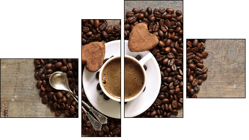 Cup of coffee with heart-shaped chocolate truffles. - Four-piece canvas print, Fortyk