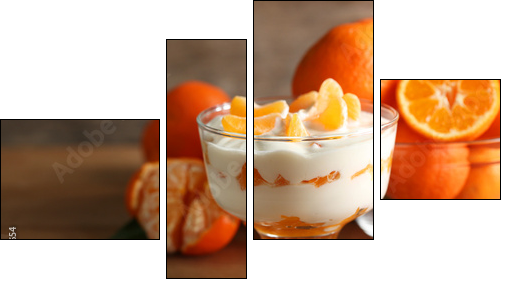 Tasty milk dessert with fresh tangerine pieces in glass bowl, - Four-piece canvas print, Fortyk