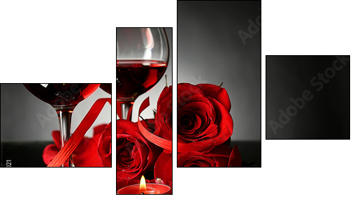 Composition with red wine in glasses, red rose and decorative - Four-piece canvas print, Fortyk