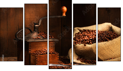 Antique coffee grinder with beans - Five-piece canvas print, Pentaptych