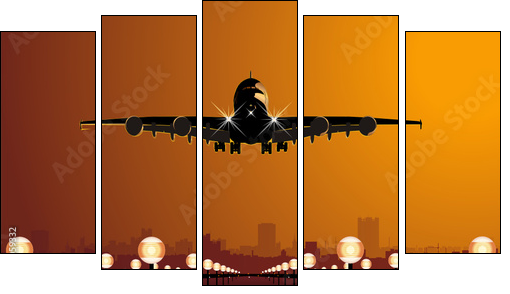 Vector airliner landing at sunset - Five-piece canvas print, Pentaptych