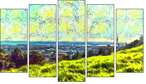 grass filled hillside against a background of trees and a blue sky with clouds - Five-piece canvas print, Pentaptych