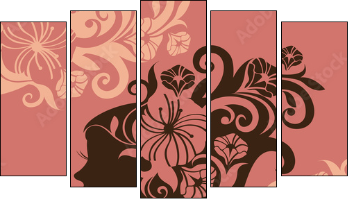 Beautiful woman silhouette with a flowers - Five-piece canvas print, Pentaptych