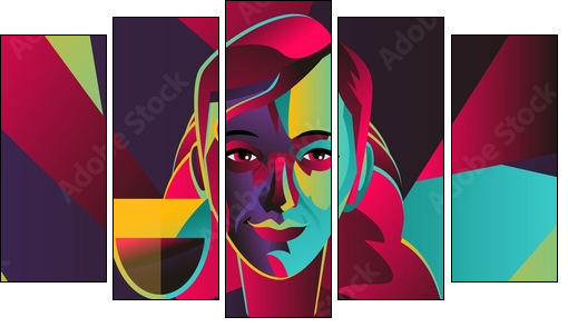 cubist colorful girl drinking wine - Five-piece canvas print, Pentaptych