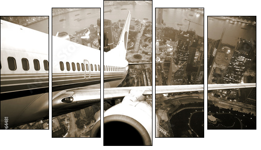 the airplane take off from the city night. - Five-piece canvas print, Pentaptych