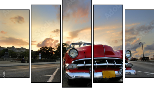 Red car in Havana sunset - Five-piece canvas print, Pentaptych