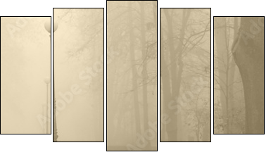 red bench in the fog - Five-piece canvas print, Pentaptych