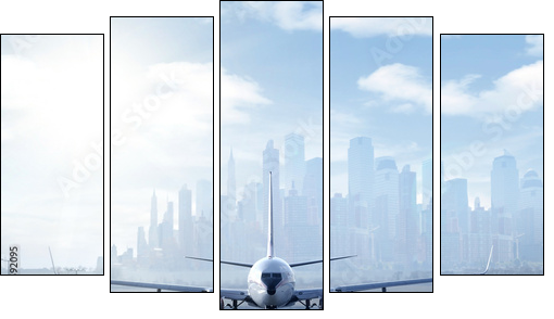 Big aircraft on runway in big city - Five-piece canvas print, Pentaptych