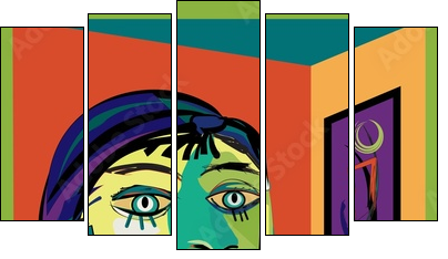 Colorful abstract background, inspired by Picasso, thinking woman - Five-piece canvas print, Pentaptych
