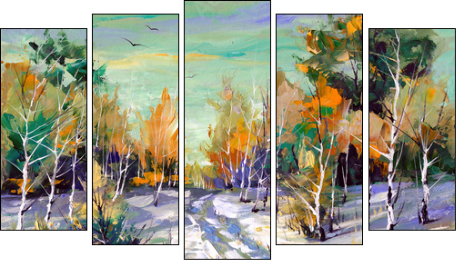 Winter road to wood - Five-piece canvas print, Pentaptych