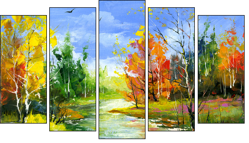 Autumn landscape with the wood river - Five-piece canvas print, Pentaptych