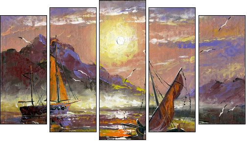 Sea landscape with sailing vessels - Five-piece canvas print, Pentaptych