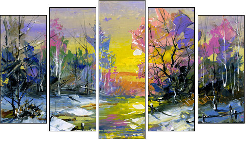 Winter landscape with the wood river - Five-piece canvas print, Pentaptych