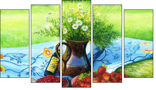 Still-life with camomiles and a strawberry - Five-piece canvas print, Pentaptych