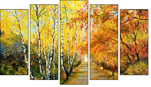 Autumn road along the channel - Five-piece canvas print, Pentaptych