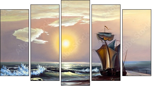 Sailing boat against the coming sun - Five-piece canvas print, Pentaptych