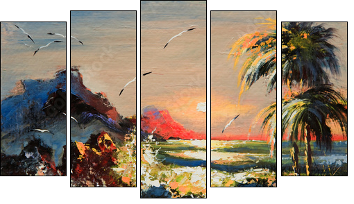 Sea landscape with palm trees and seagulls - Five-piece canvas print, Pentaptych