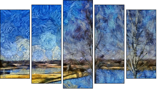 Incredible beauty of nature landscape. Spring season. Impressionism oil painting in Vincent Van Gogh modern style. Creative artistic print for canvas or textile. Wallpaper, poster or postcard design. - Five-piece canvas print, Pentaptych