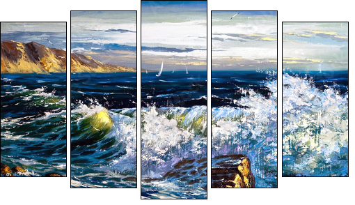 Storm waves on seacoast - Five-piece canvas print, Pentaptych