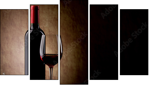 bottle with red wine and glass and grapes - Five-piece canvas print, Pentaptych