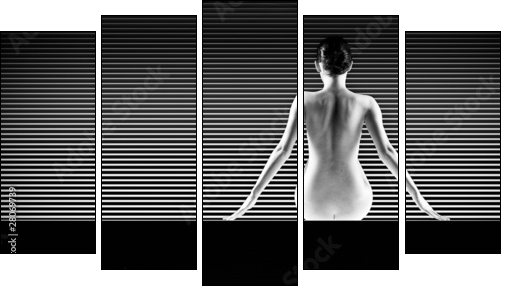 black and white artistic nude; a back silhouette shot on striped - Five-piece canvas print, Pentaptych