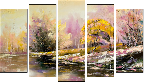 Autumn landscape with snow and the river - Five-piece canvas print, Pentaptych