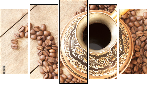 Copper Turk for coffee with ornaments basking in the heat - Five-piece canvas print, Pentaptych