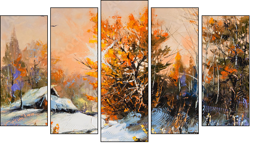 Rural winter landscape - Five-piece canvas print, Pentaptych