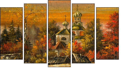 Ancient picture. Church in village - Five-piece canvas print, Pentaptych