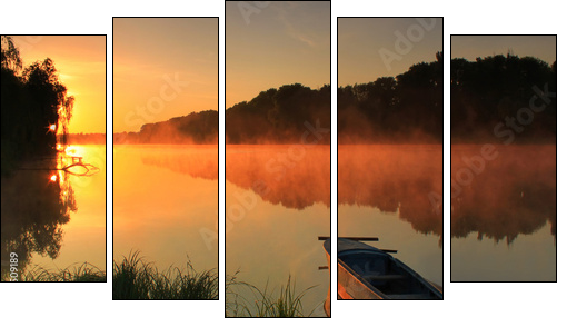 Boat on the shore of a misty lake - Five-piece canvas print, Pentaptych