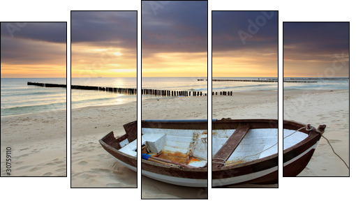 Boat on beautiful beach in sunrise - Five-piece canvas print, Pentaptych