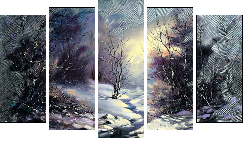 Landscape with winter wood small river - Five-piece canvas print, Pentaptych