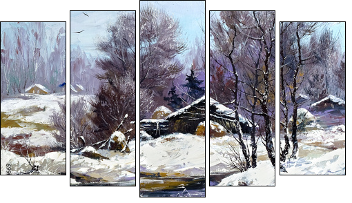 Small house in winter village - Five-piece canvas print, Pentaptych