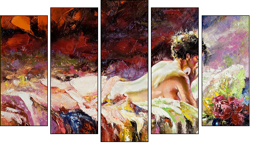 The naked girl laying on a bed - Five-piece canvas print, Pentaptych