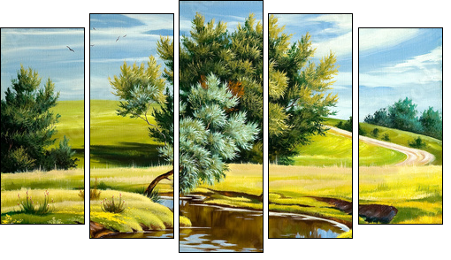 Summer landscape with the river - Five-piece canvas print, Pentaptych