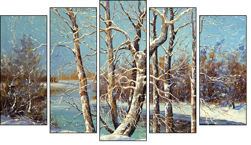 Winter landscape on the bank of the river - Five-piece canvas print, Pentaptych