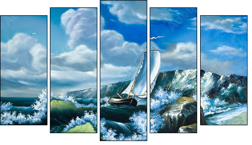 Lonely sailing vessel in the storming sea - Five-piece canvas print, Pentaptych