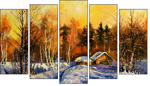 Evening in winter village - Five-piece canvas print, Pentaptych