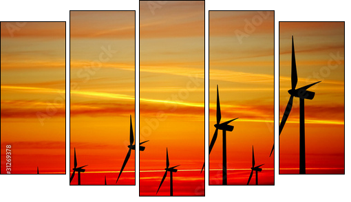 Wind turbines farm at sunset - Five-piece canvas print, Pentaptych