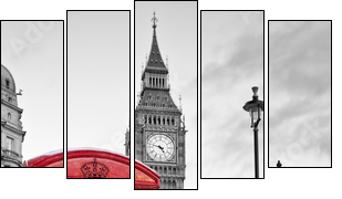 Red phone booth in London with the Big Ben in black and white - Five-piece canvas print, Pentaptych