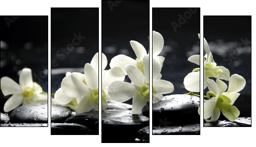 Zen stones and pink orchids with reflection - Five-piece canvas print, Pentaptych