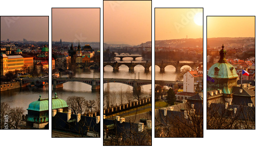Panoramic view on Charles bridge and sunset Prague lights. - Five-piece canvas print, Pentaptych