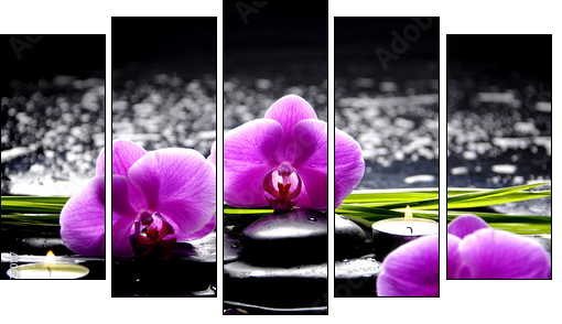 Spa still life with set of pink orchid and stones reflection - Five-piece canvas print, Pentaptych