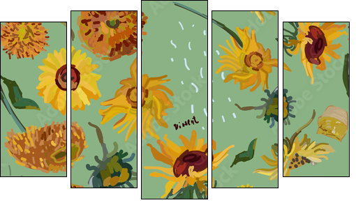 Sunflower flowers on a background of sea green. Vector illustration based on the painting of Van Gogh. - Five-piece canvas print, Pentaptych